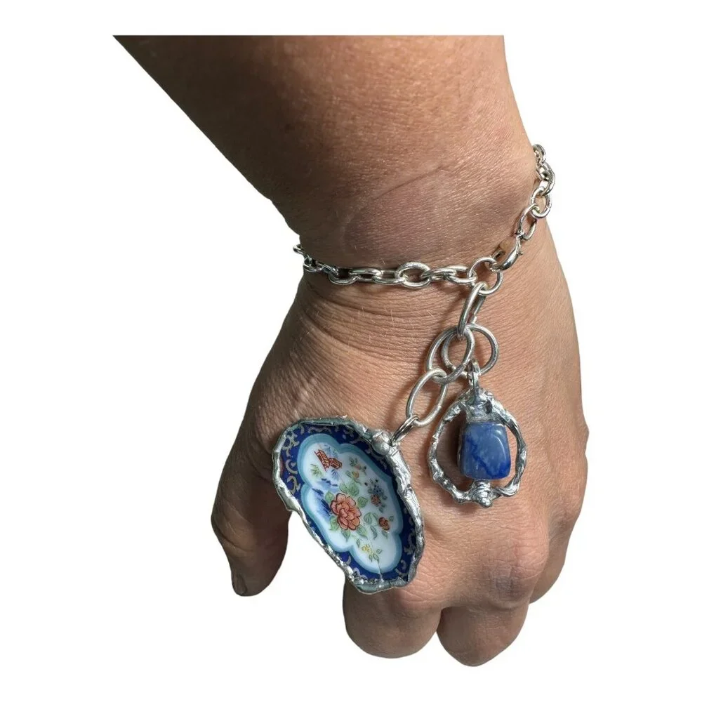 Broken China & Sodalite Charm Bracelet with Artisan Silver-Blend Boho Metalwork